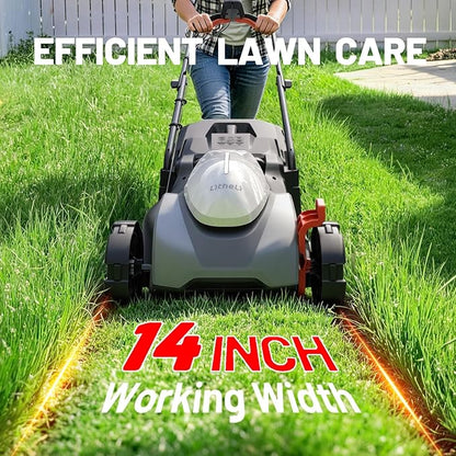 Litheli 14 Inch Cordless Lawn Mower, Brushless Electric Push Mower with 2x5.0Ah Batteries, 5-Position Height Adjustment, 9-Gallon Grass Catcher for Garden Yard Farm