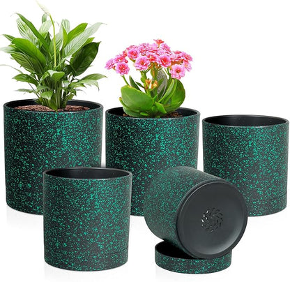 Meowell 7/6.5/6/5/4 inch Plant Pots, 5 Pack Cylinder Flower Pots for Small Indoor Outdoor Plants, Plastic Planters with Drainage Holes and Saucer for Garden Succulent Plants, Black With Green Speckles