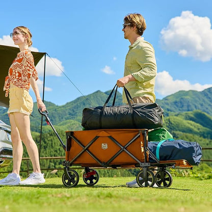 Timber Ridge 49" Extra Long Collapsible Folding Wagon with Tailgate and Brakes, 250L Capacity All-Terrain Wagon Carts Foldable, 300lbs Portable Cart for Dog, Garden, Outdoor Camping Sports, Orange