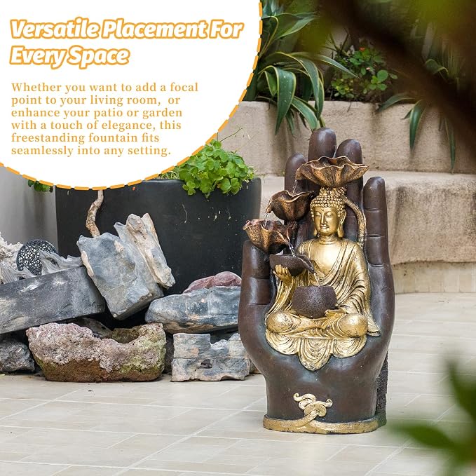 23" H Buddha Water Fountain, Outdoor Buddha Fountain with LED Lighting, Zen Relaxing Waterfall Indoor Fountain for Patio, Porch, or Yard Decor