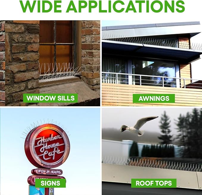 Bird Spikes - Pigeon Spikes - Bird Deterrent Spikes - Stainless Steel - Pigeon & Seagull Defense - Easy Setup - Keeps Birds Under Control - Covers 10 feet