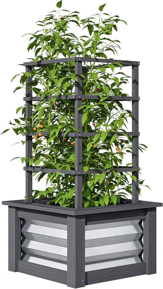 Outsunny Raised Garden Bed with Trellis, Wooden Planter Box with Galvanized Steel Sides, Raised Flower Bed for Climbing Plants, Flowers, Fruits and Vegetables, Gray