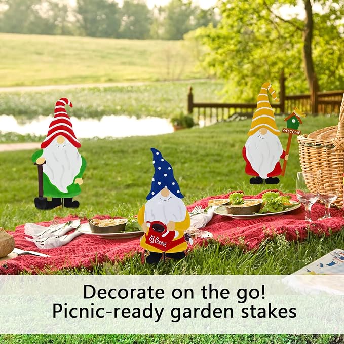 Garden Gnomes Decorative Stakes, 3-Piece Metal Silhouette Elf Decor | Outdoor Iron Yard Silhouettes Set, Waterproof Weather Resistant Elf Lawn Ornaments for Patio Porch Wall Decoration
