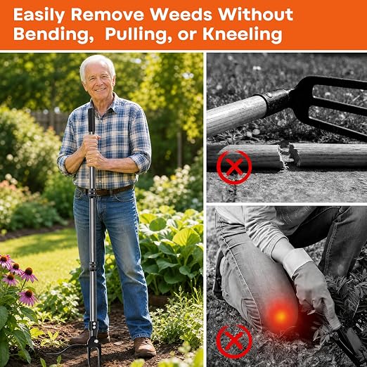 GOXAWEE Metal Stand Up Weed Puller Tool - 45" Garden Weeding Tool with Steel Long Handle & 4-Claw Steel Head - Effortlessly Remove Weeds Without Bending/Kneeling - All Steel Construction