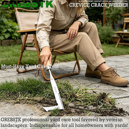 GREBSTK Crack Weeder Crevice Weeding Stainless Steel Sharp Lightweight Tool | Razor-Sharp Rust-Resistant L-Shaped Blade, Solid Beech Wood Non-Slip Handle, for Patio Cracks, Driveway Gaps, Walkway Edging