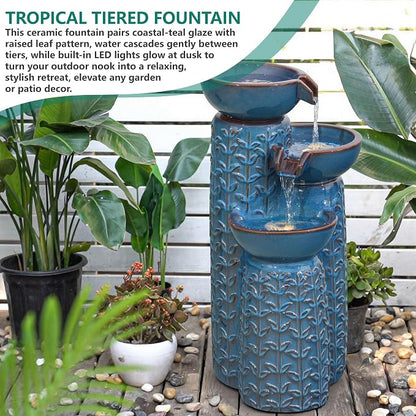 28" H Ceramic Outdoor Water Fountain with LED Lights, 3-Tier Cascading Bowls Water Feature, Tranquil Waterfall for Relaxing Garden, Patio, Yard, or Porch, Turquoise, Embossed Leaf Patterns