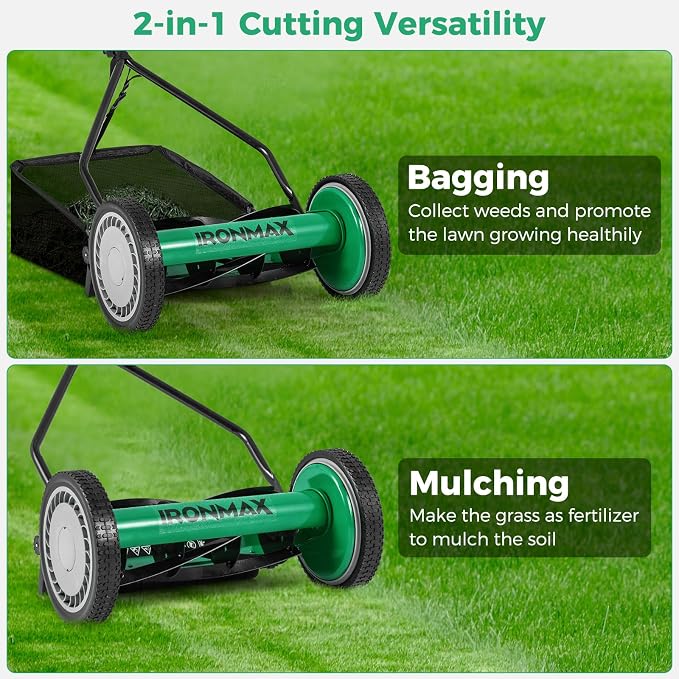 IRONMAX Lawn Mower, 14 Inch Push Reel Lawn Mower with 5 Steel Blades, Adjustable Cutting Heights, Grass Catcher Bag, Walk-Behind Manual Lawnmower for Garden Park Yard, No Motor (Green, 14 Inch)