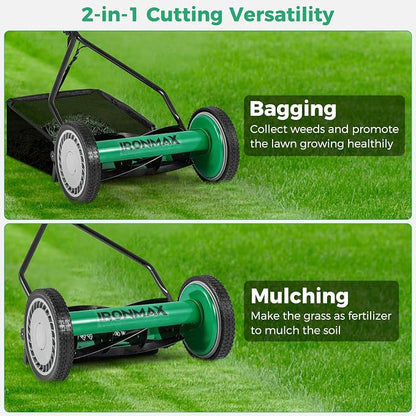 IRONMAX Lawn Mower, 14 Inch Push Reel Lawn Mower with 5 Steel Blades, Adjustable Cutting Heights, Grass Catcher Bag, Walk-Behind Manual Lawnmower for Garden Park Yard, No Motor (Green, 14 Inch)