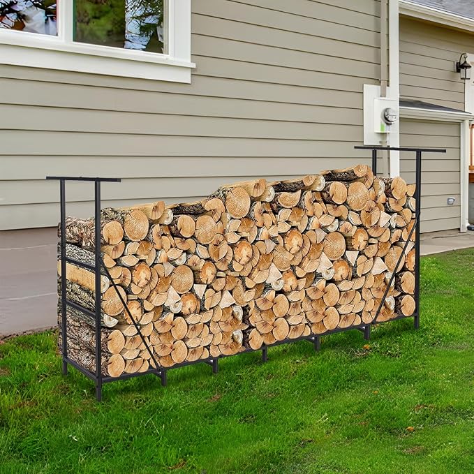 Vailge Firewood Rack Outdoor 8FT with Waterproof Firewood Carrier Bag, Adjustable Heavy Duty Steel Firewood Holder Storage, Log Rack for Fireplace, Fire Pit, Backyard, Camping