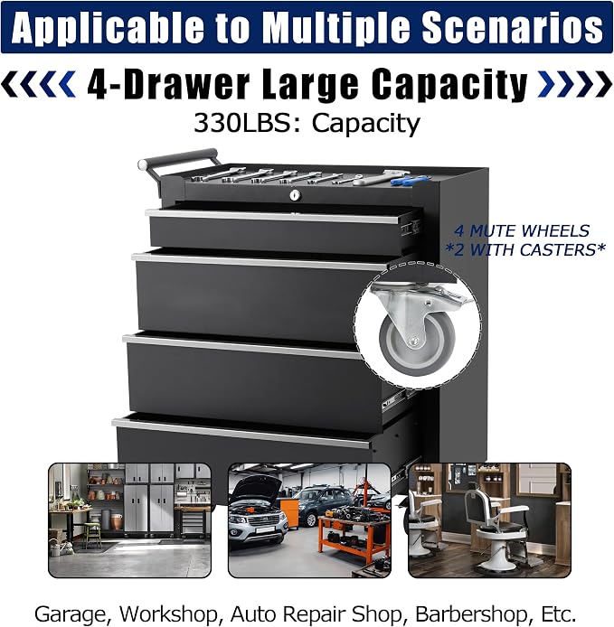 Rolling Tool Chest, 4 Drawers Tool Storage Cabinet with Wheels, Portable Tool Cabinet Organizer with Locking System & Drawer Liners,Universal Lockable Wheels, Tool Storage Cart for Garage, Workshop