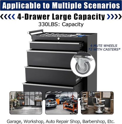 Rolling Tool Chest with Wheels, 4 Drawer Tool Storage Cabinet, Portable Toolbox Organizer with Lock, Heavy Duty Tool Chest Cart for Garage, Mechanic, Workshop, Shop, Mobile Tool Organizer, Black
