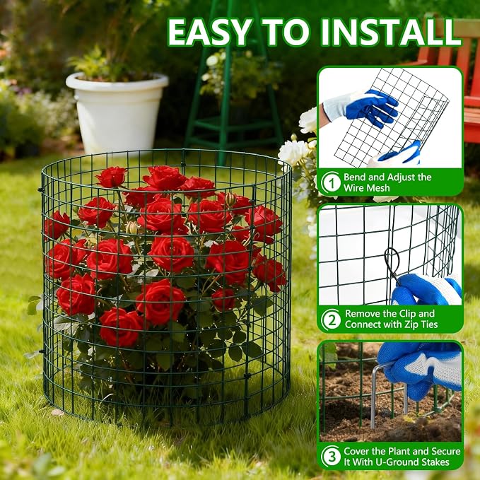 4 Pack Plant Protectors from Animals, 12''x14'' Metal Plant Cages for Outdoor Plants, Garden Plant Protector with Stakes & Zip Ties, Keep Rabbits Squirrels Out, Plant Cage for Flowers Vegetables
