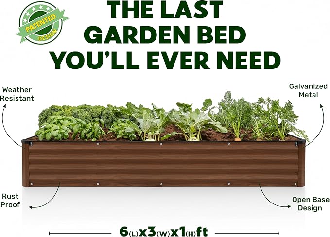 Plant & Plot Galvanized Raised Garden Beds Outdoor // 6×3×1 ft Planter Raised Beds for Gardening, Vegetables, Flowers (Dark Wood Grain) // Large Metal Garden Box // Patented Tool-Free Design
