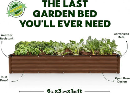 Plant & Plot Galvanized Raised Garden Beds Outdoor // 6×3×1 ft Planter Raised Beds for Gardening, Vegetables, Flowers (Dark Wood Grain) // Large Metal Garden Box // Patented Tool-Free Design