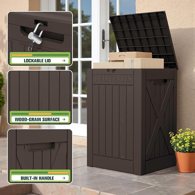Greesum 52 Gallon Large Outdoor Package Delivery Box for Porch, Lockable Secure Double-Wall Resin Storage Box, Waterproof Deck Box for Package Protection, Brown
