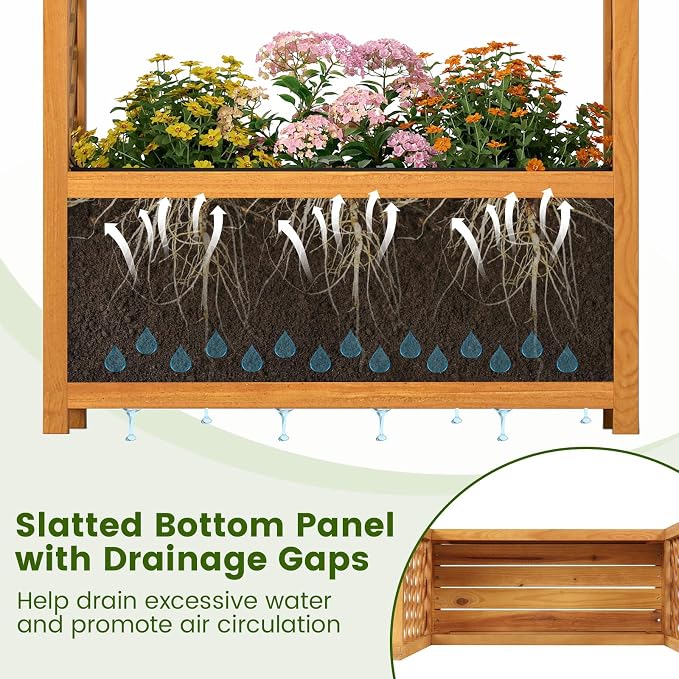 HAPPYGRILL Raised Garden Bed with Trellis, Wooden Elevated Planter Box w/Ached Roof & Detachable Bottom Panels, Liner, Drainage, Indoor Outdoor Wood Planter for Climbing Plants Vine Flower (2)