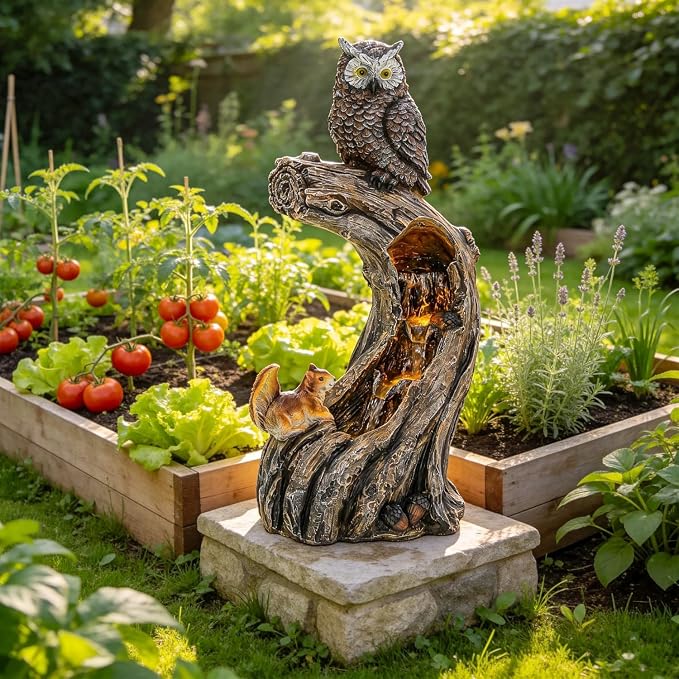 32" H Owl Tree Trunk Outdoor Fountain with Warm LED Lights | Forest Style 4-Tiers Water Feature with Soothing Cascading Waterfall for Patio, Backyard, Garden or Porch