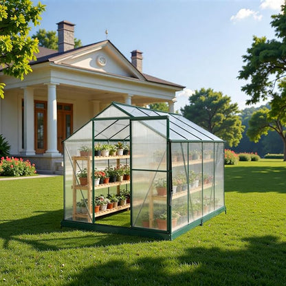6x8 FT Greenhouse, Walk-in Polycarbonate Greenhouse, Heavy Duty Aluminum Outdoor Green House Kit with Sliding Door, Roof Vent, Rain Gutter for Backyard Garden All Season Growing, Green