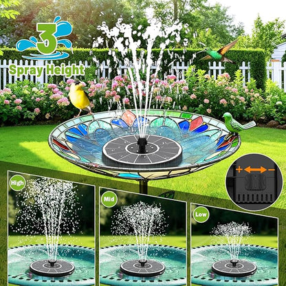 Solar Fountain with 3 Spray Height, Colorful Led Lights, 3.5W Glass Solar Bird Bath Water Fountain with 2000mAh Battery, 4 Rotating Rods and 7 Nozzles for Hummingbird Bathing, Outdoor Décor