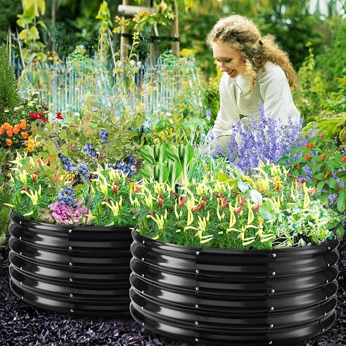 YSEJOMP 17" Tall 40" Diameter Round Raised Garden Bed Kits Outdoor Black | 1.5 FT Tall,3.3FT Planter Bed for Flowers,Herbs,Vegetables,Trees,0.8MM Thick Galvanized Metal Painted,with Gloves,Tool free