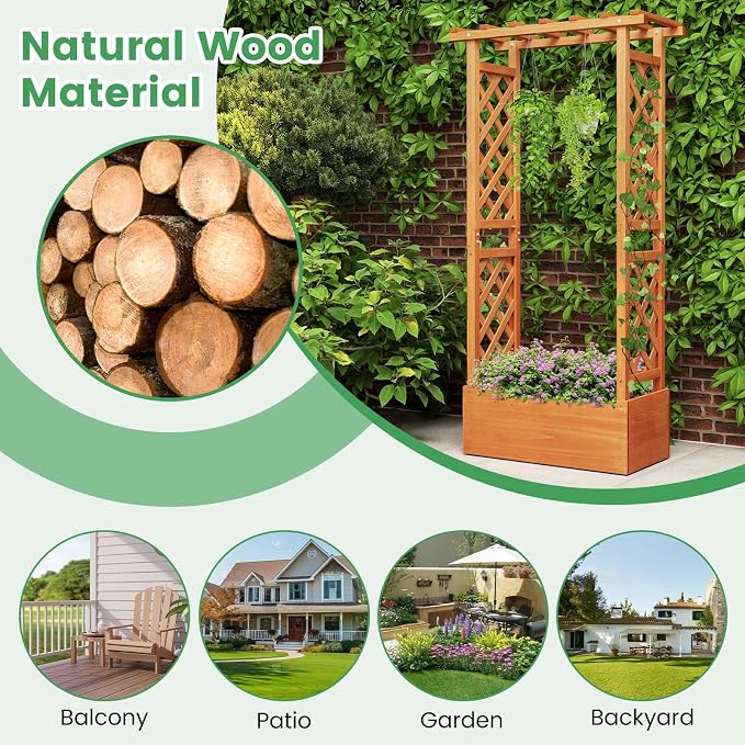 Giantex Raised Garden Bed with 2-Sided Trellis & Hanging Roof, Fir Wood Planter Box w/Drainage Holes, Bottom Gaps, Freestanding Garden Planter for Flowers Herbs Climbing Vines (31" x 12.5" x 60")