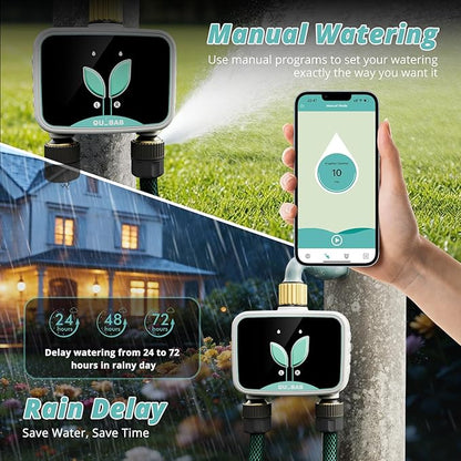 QUOBAS WiFi Water Timer for Garden Hose, 2 Zone Brass Hose Timer WiFi with App Control & Rain Delay/Auto/Manual 3 Modes for Drip Irrigation, Pool & Lawn, Battery Powered, 2.4GHz WiFi Only