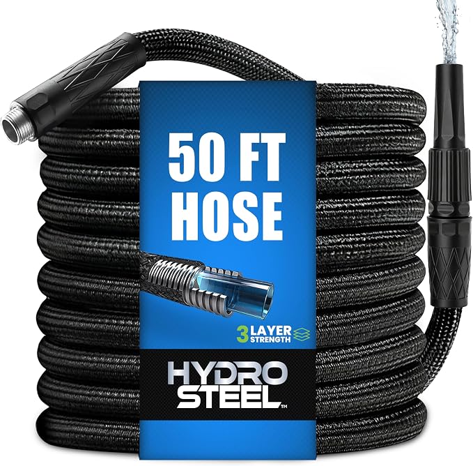 Hydrosteel 50 Ft Heavy Duty Metal Garden Hose with Nozzle | Made from 304 Stainless Steel, Flexible, Lightweight, Crush Resistant Fittings, Kink Free, 5/8” Diameter, 600 PSI Water Flow