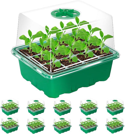 Bonviee 10 Packs Seed Starter Tray with Elevated Lid, 120 Cells Thicken Seed Starting Trays Kit with Adjustable Humidity Vent, Clear Cell Tray and Heightened Lids for Greenhouse & Gardens, Green