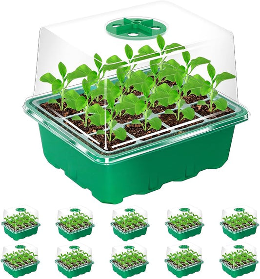 Bonviee 10 Packs Seed Starter Tray with Elevated Lid, 120 Cells Thicken Seed Starting Trays Kit with Adjustable Humidity Vent, Clear Cell Tray and Heightened Lids for Greenhouse & Gardens, Green