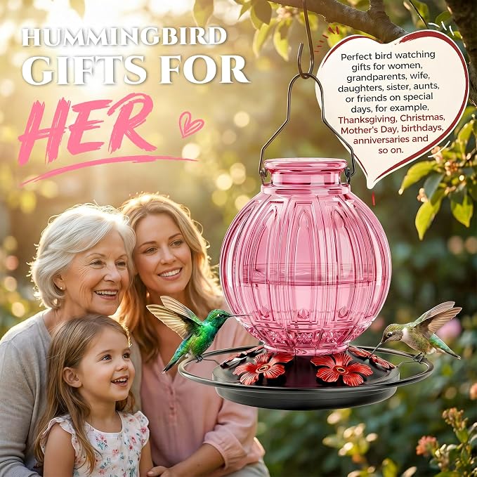 Glass Hummingbird Feeder for Outdoors Hanging, 26Oz Bird Nectar Feeder with Perch & 5 Flower Feeding Ports, Leak Proof for Outside Garden Decor Backyard, Gifts for Women Mom, Pink