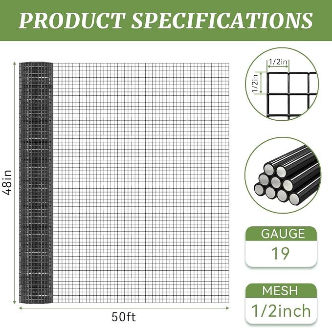 Black Hardware Cloth 1/2in Mesh 48in x 50ft, Chicken Wire Fencing PVC Coated 19 Gauge, Welded Chicken Wire for Rodent Proofing, Tree Guard, Garden Fence, Poultry Netting