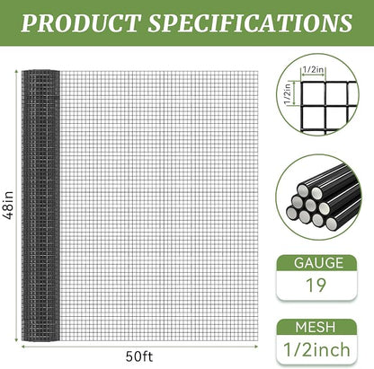 Black Hardware Cloth 1/2in Mesh 48in x 50ft, Chicken Wire Fencing PVC Coated 19 Gauge, Welded Chicken Wire for Rodent Proofing, Tree Guard, Garden Fence, Poultry Netting