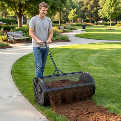 VEVOR Compost Spreader, 36" Wide Peat Moss Spreader with Push/Tow Handle, 4 Heights Adjustable, Powder-Coated Steel Garden Peat Moss Roller, Heavy Duty Grass Seed Roller for Planting Seeding, Black