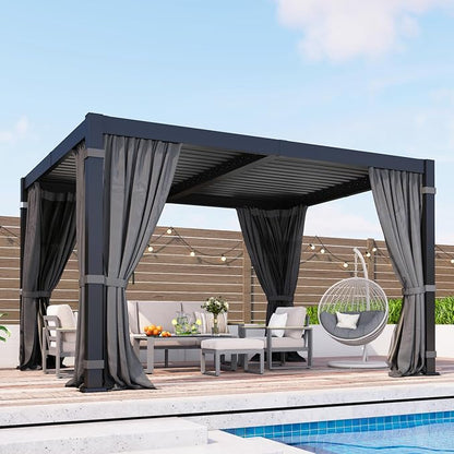 10' x 12' Louvered Pergola, Aluminum Frame Outdoor Pergola with Adjustable Louvered Roof, Curtains & Netting, Patio Hardtop Gazebo with Gutter System for Deck, Garden, Yard, Dark Gray