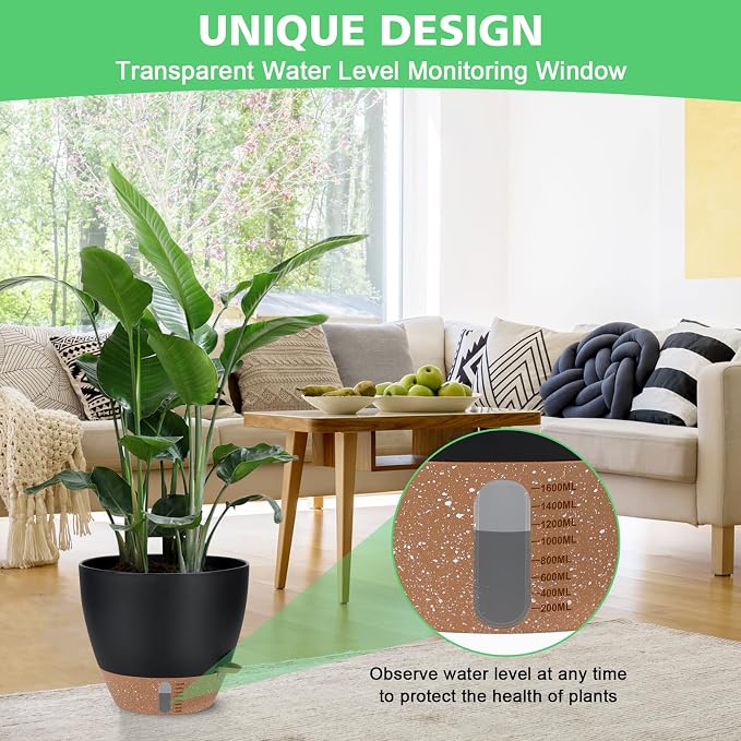12" 10" 9" 8" Self Watering Pot for Indoor Plants, Large Plastic Planters Set with Water Level Indicator Deep Reservoir Tray, Bottom Watering Big Flower Pots with Mesh Drainage Hole - Black