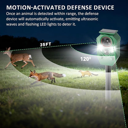 4-Pack Solar Powered Ultrasonic Animal Repeller, Outdoor Waterproof Deer Squirrel with Motion-Activated Sensor Strobe Light, for Cats, Raccoons, Skunks, Rabbits and More