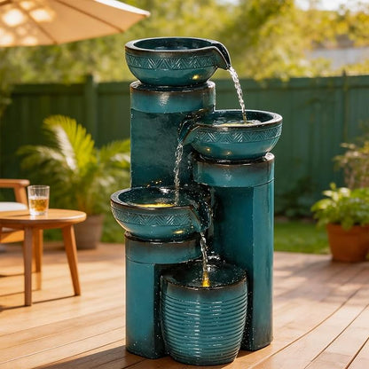 AUTODAYA 19.3" Faux Ceramic Outdoor Water Fountain with LED Lights | 4-Tier Resin Cascading Water Feature with Pedestal Waterfall for Garden, Patio, Yard or Porch