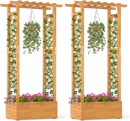 S AFSTAR 2 Pieces Wooden Raised Garden Bed with Trellis, 60" Elevated Planter Box with Hanging Roof & Open-Ended Base for Climbing Vine Flower Herb Vegetable, Outdoor Plant Container for Patio & Yard