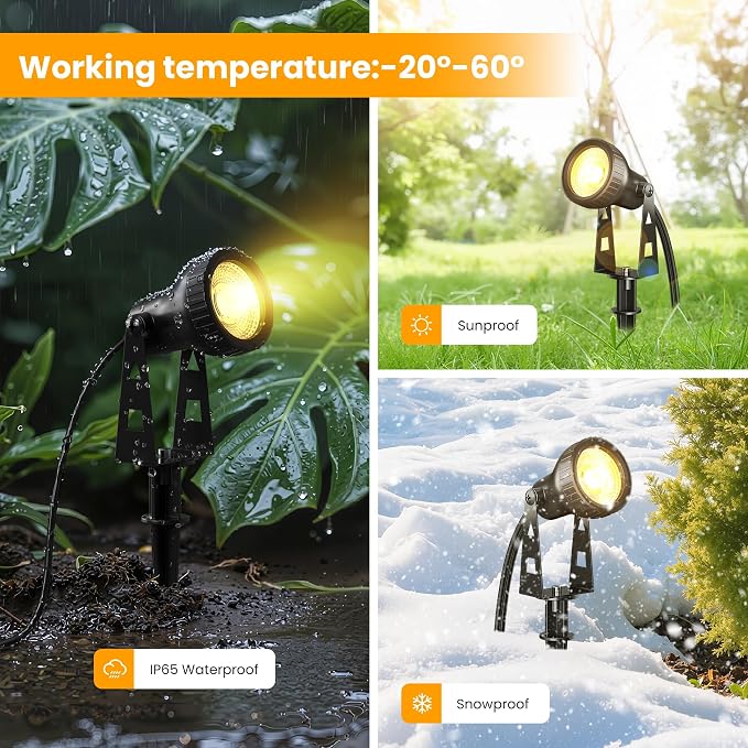 Zuske Outdoor Landscape Lighting, 6-Pack Outdoor Spot Lights with Transformer, Plug in LED Spot Lights for Garden, Yard, Backyard, Plants, Lawn, Trees, House, Flags, IP65 Waterproof – Warm White