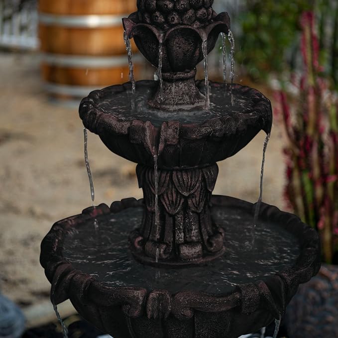 XBrand 58.3" 3-Tier Outdoor Freestanding Water Fountain - Classic Leaf Design, Brown Resin, Large Bird Bath with Pump - Ideal for Yard, Lawn and Garden, Porch Décor