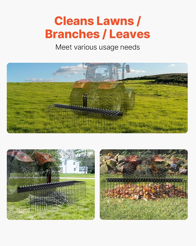 VEVOR Tow Behind Landscape Rake, 72" Lawn Dethatcher Rake with 32 Steel Tines, Attaches to Category 1, 3 Point Hitch for Tractor, Heavy Duty Tow Dethatcher for Leaves, Pine Needles, Straw, and Grass
