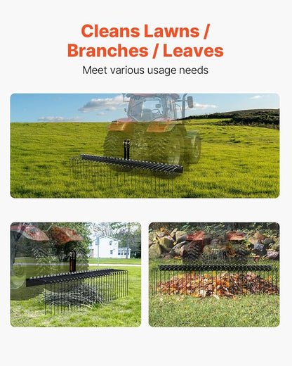 VEVOR Tow Behind Landscape Rake, 72" Lawn Dethatcher Rake with 32 Steel Tines, Attaches to Category 1, 3 Point Hitch for Tractor, Heavy Duty Tow Dethatcher for Leaves, Pine Needles, Straw, and Grass