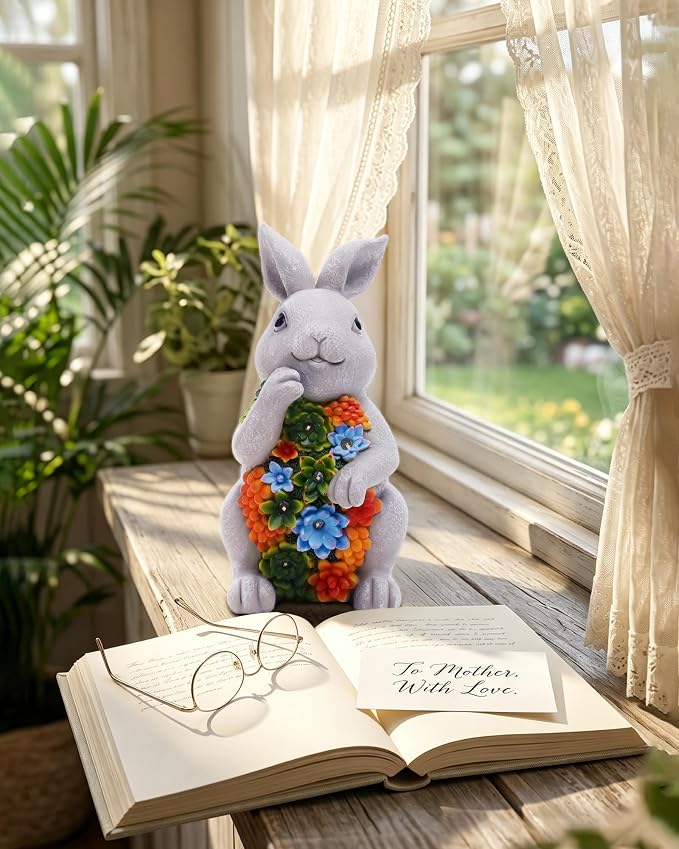 Nacome Solar Garden Outdoor Statues Bunny with Succulent and 7 LED Lights – Lawn Decor for Patio, Balcony, Yard Ornament for Mom Grandma Women