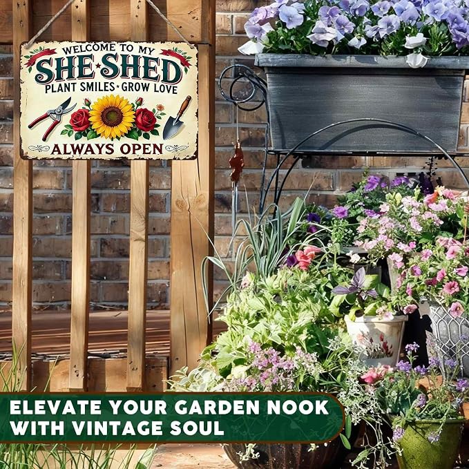 PEACHGARDEN Garden Decor She Shed Wall Art Decor Welcome To My She Shed Garden Metal Sign for Greenhouse Plantroom Yard Patio 8x12 inch