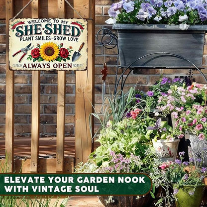 PEACHGARDEN Garden Decor She Shed Wall Art Decor Welcome To My She Shed Garden Metal Sign for Greenhouse Plantroom Yard Patio 8x12 inch