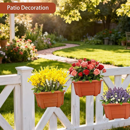 summer flower 3 Pack Hanging Planters for Railing, 9.84 Inch Plastic Window Box with Drain Hole Plug, Indoor Outdoor Flower Pots for Balcony Fence Garden Decor (Red)