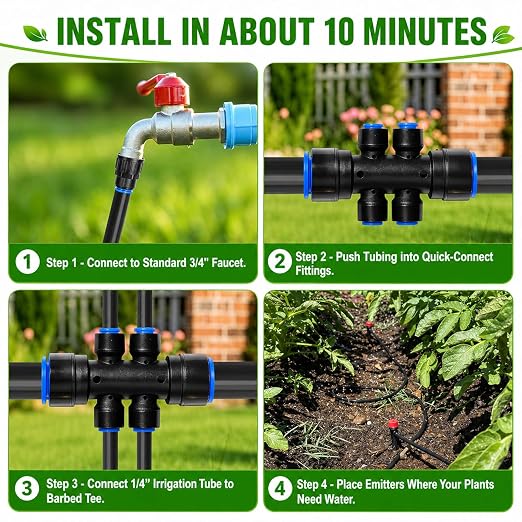 300FT Drip Irrigation System Kit, Quick Push-to-Connect Auto Garden Watering Irrigation System with 70FT 1/2'' & 230FT 1/4'' Tubing, Adjustable Dripper Sprayers for Raised Bed, Lawn, Greenhouse