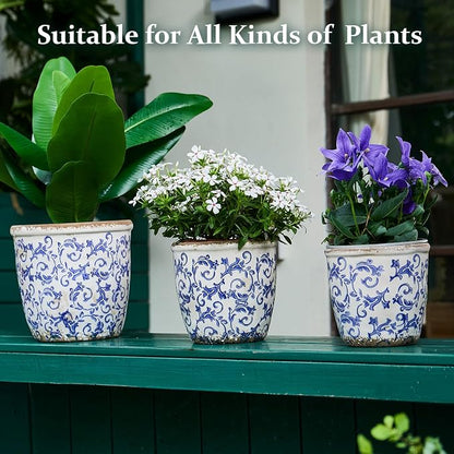 Vintage Ceramic Planter with Drainage Hole, Plastic Tray & Mesh, 5.5 Inch - Indoor/Outdoor Flower Pot, Blue Floral Rustic Farmhouse Design Plant pot for Home, Office & Garden Décor, Ideal Gift