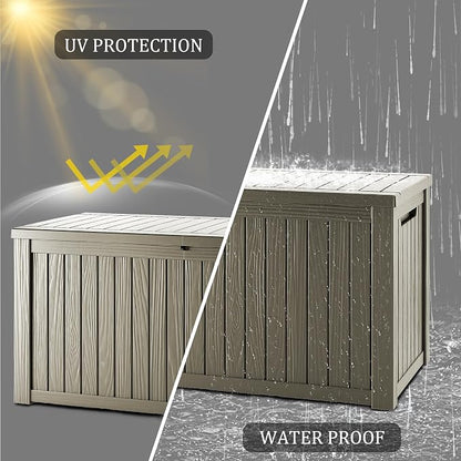 Outdoor Storage Box, 150 Gallon Waterproof Deck Box, Piston-Assisted Resin Trunk for Sectional Sofa Cushions, High-Capacity Lockable Double Storage Bench, Patio Lounge, Grey