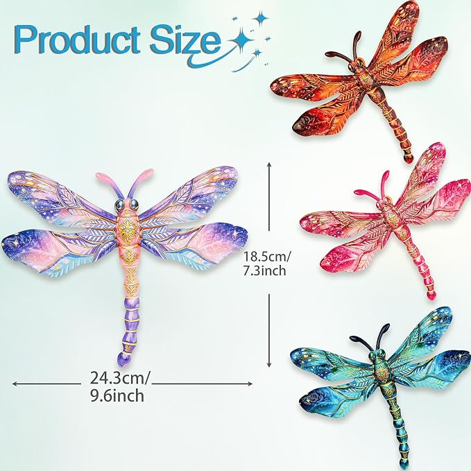 SUNREEK Metal Dragonfly Wall Decor - 9.6" Outdoor Fence Wall Art, Hanging Decorations for Garden Yard Patio Room Decorations, 4 Pack (Color-2)